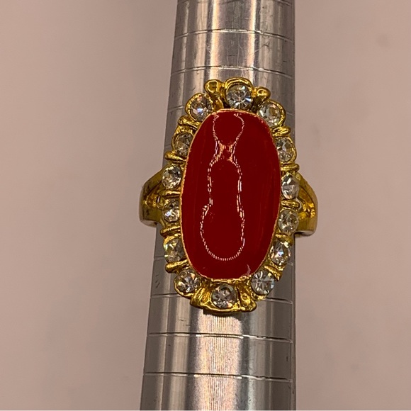 Gold plated NEW red enamel and rhinestone wide oval statement ring size 8 - Picture 5 of 9